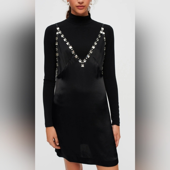 NWT MAJE Black satin dress with jeweled straps 40 Large - Picture 3 of 9